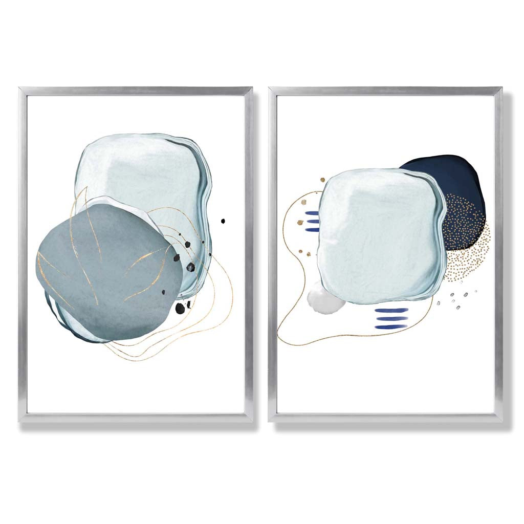 Navy, Aqua Abstract Shapes Set of 2 Art Prints with Silver Frame