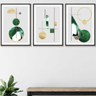 Art Deco Set of 3 Textured Geometric Wall Art Prints in Green and Gold