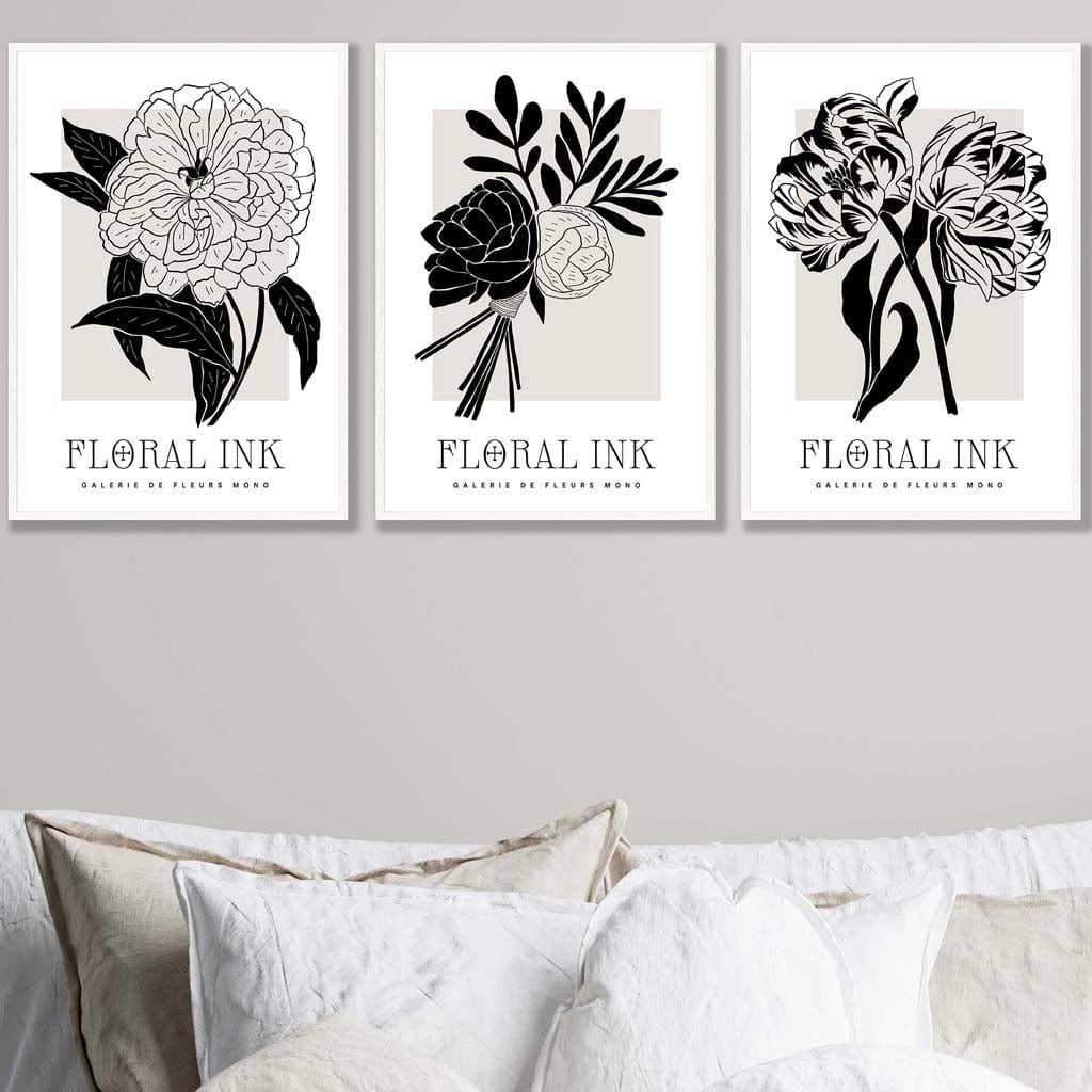 Set of 3 Floral Sketch Ink Garden Flowers in Black Wall Art Prints