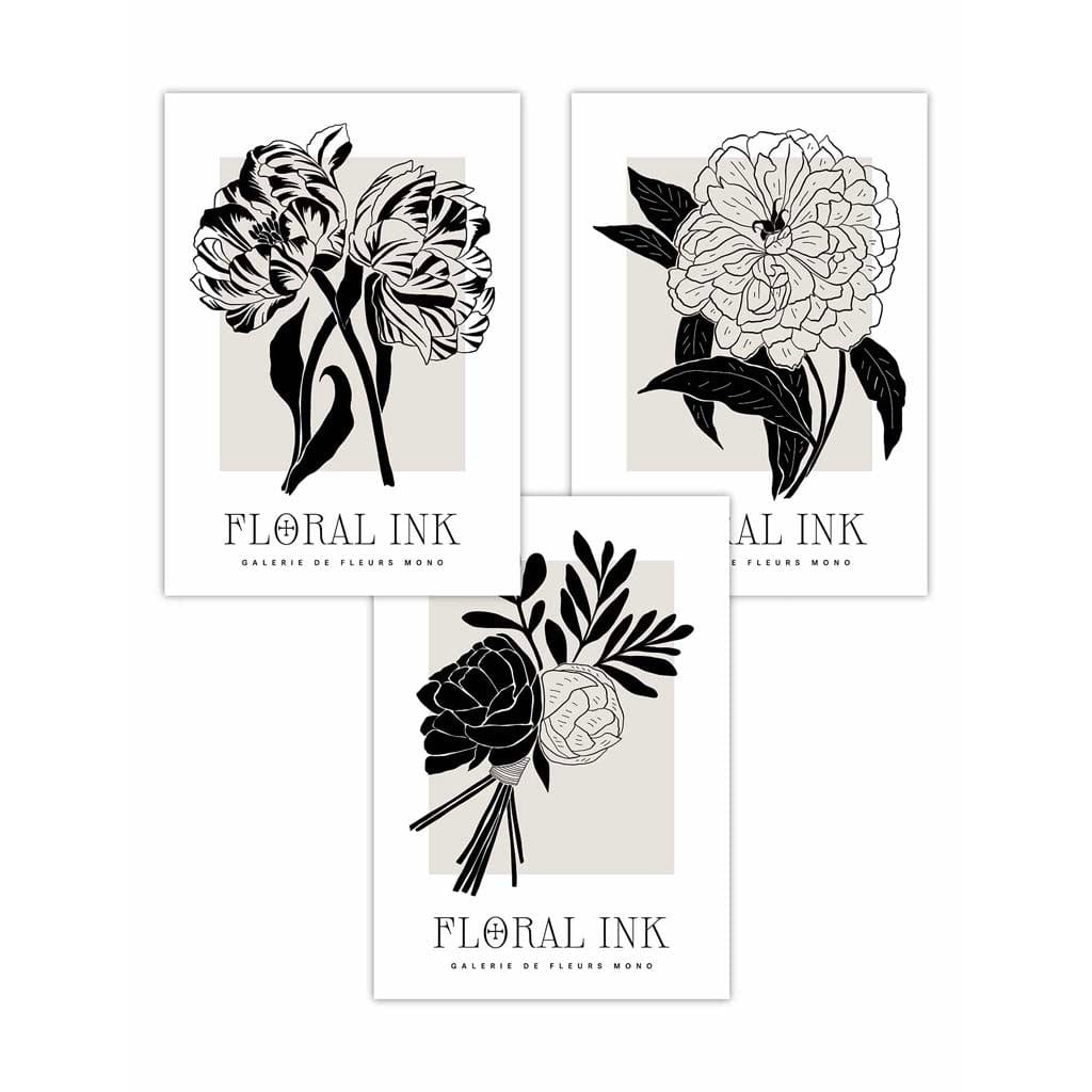 Set of 3 Floral Sketch Ink Garden Flowers in Black Wall Art Prints