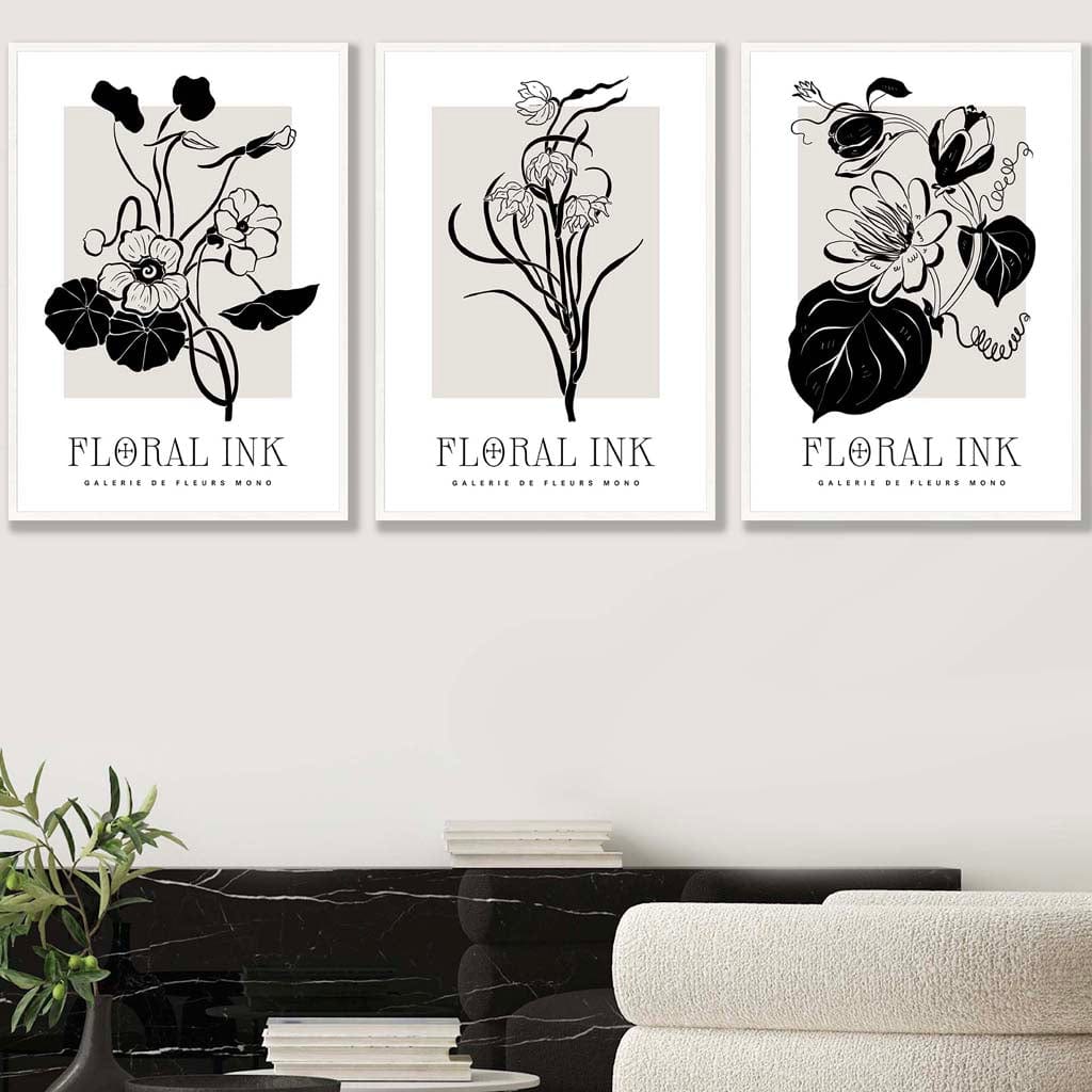 Set of 3 Floral Sketch Ink Climbing Flowers in Black Wall Art Prints
