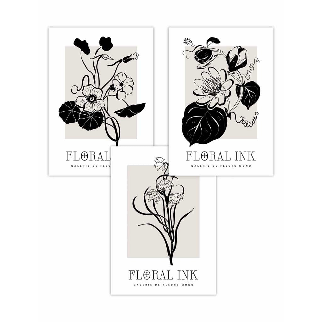 Set of 3 Floral Sketch Ink Climbing Flowers in Black Wall Art Prints