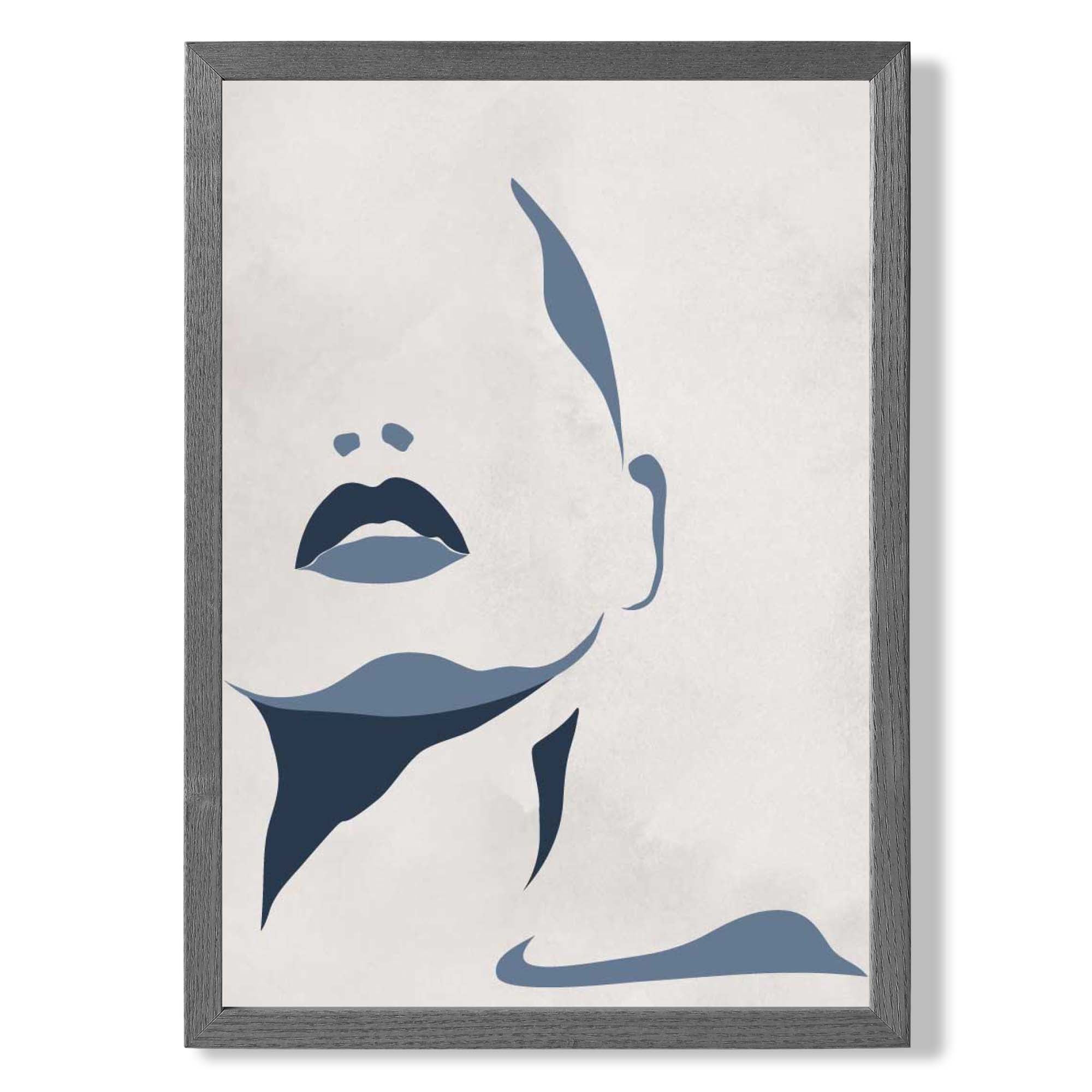 Blue and Beige Silhouette Face print in Dark Grey Wooden Frame