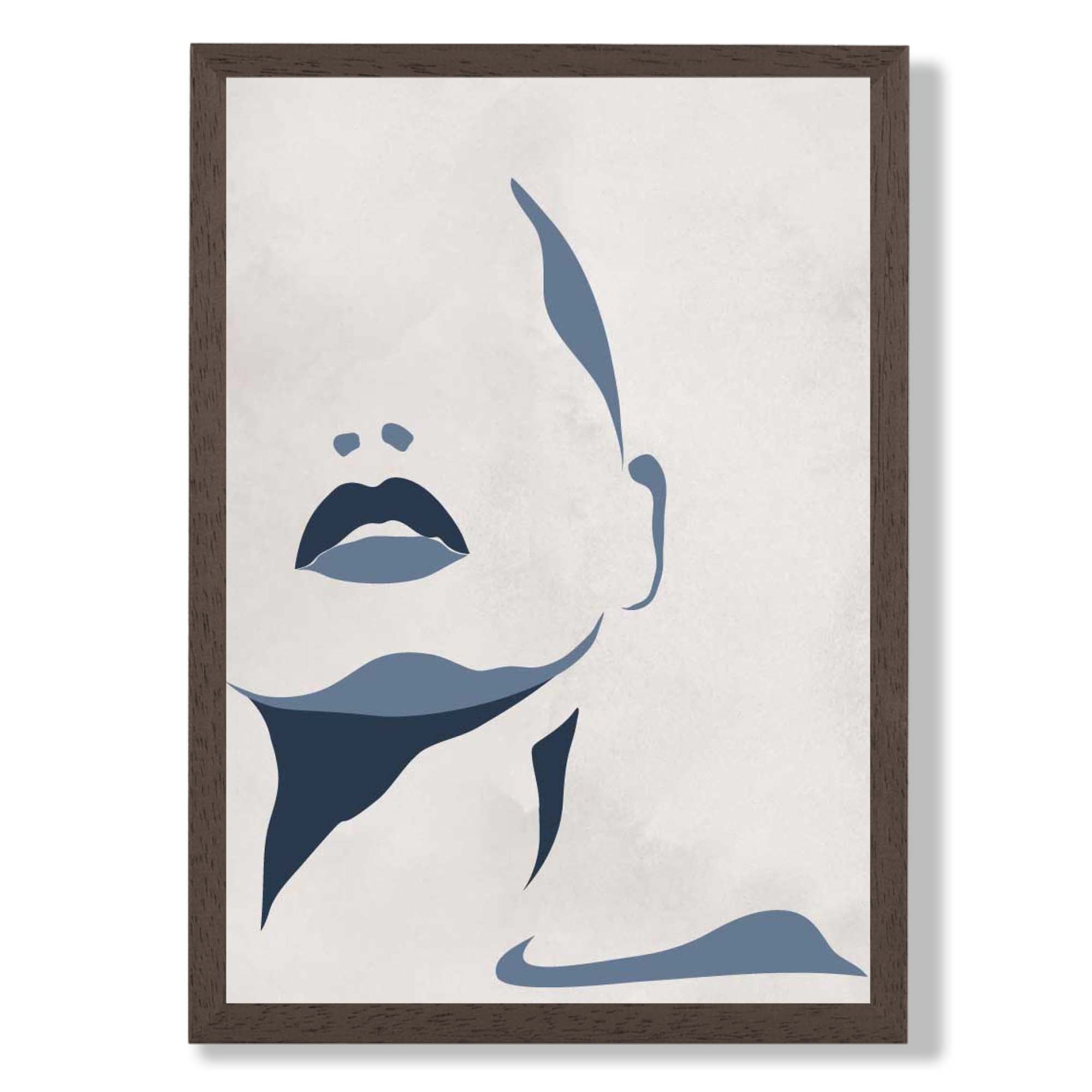 Blue and Beige Silhouette Face print in Dark Wooden Frame