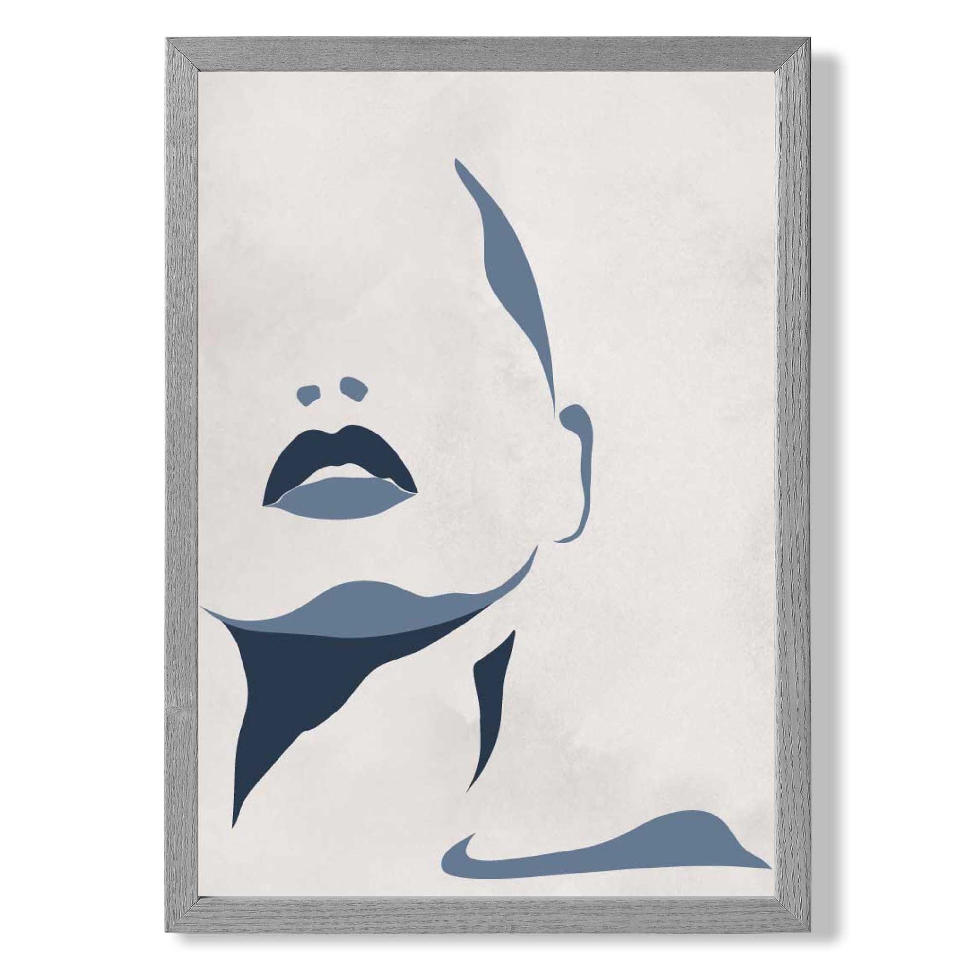 Blue and Beige Silhouette Face print in Light Grey Wooden Frame