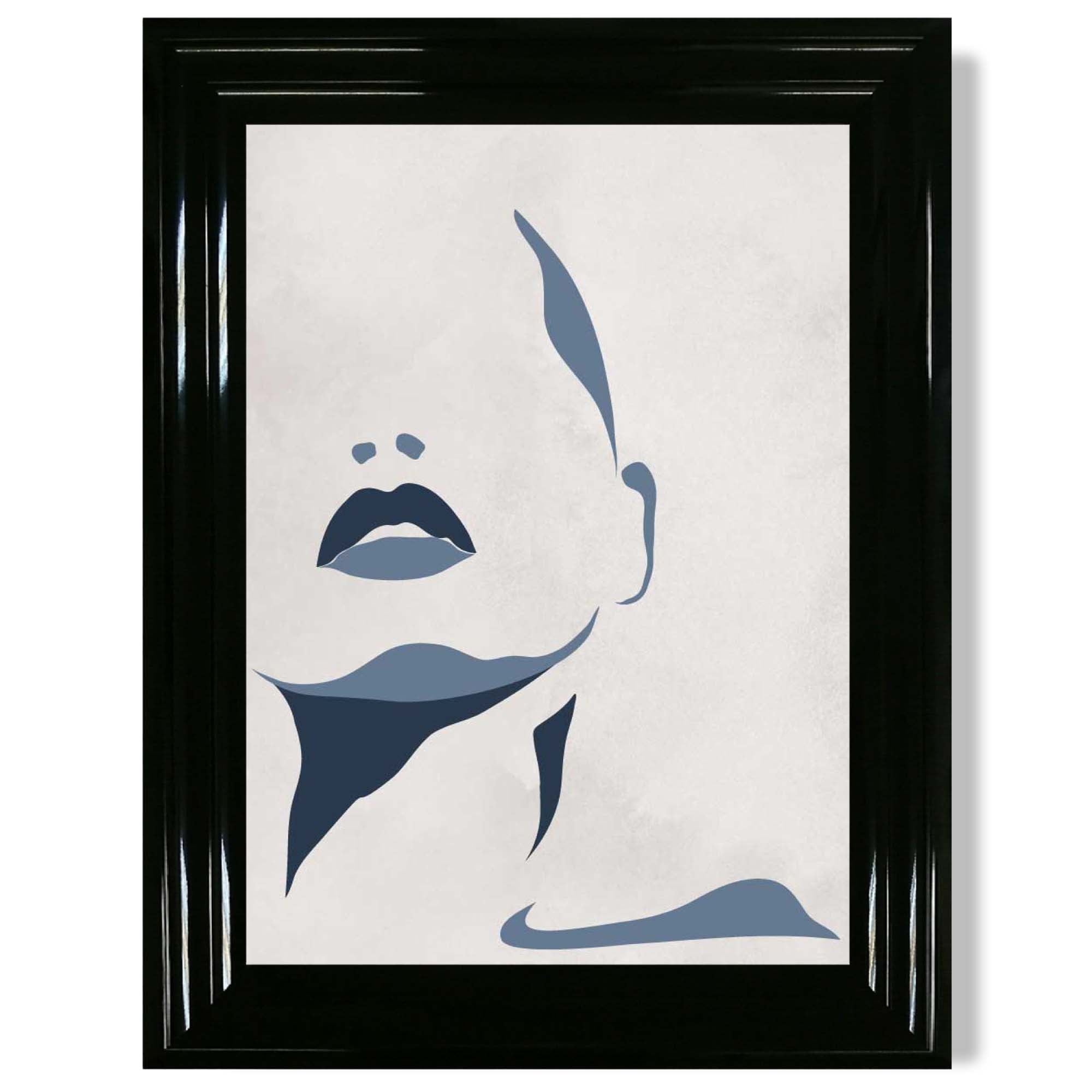 Blue and Beige Silhouette Face print in Black Glossy Frame