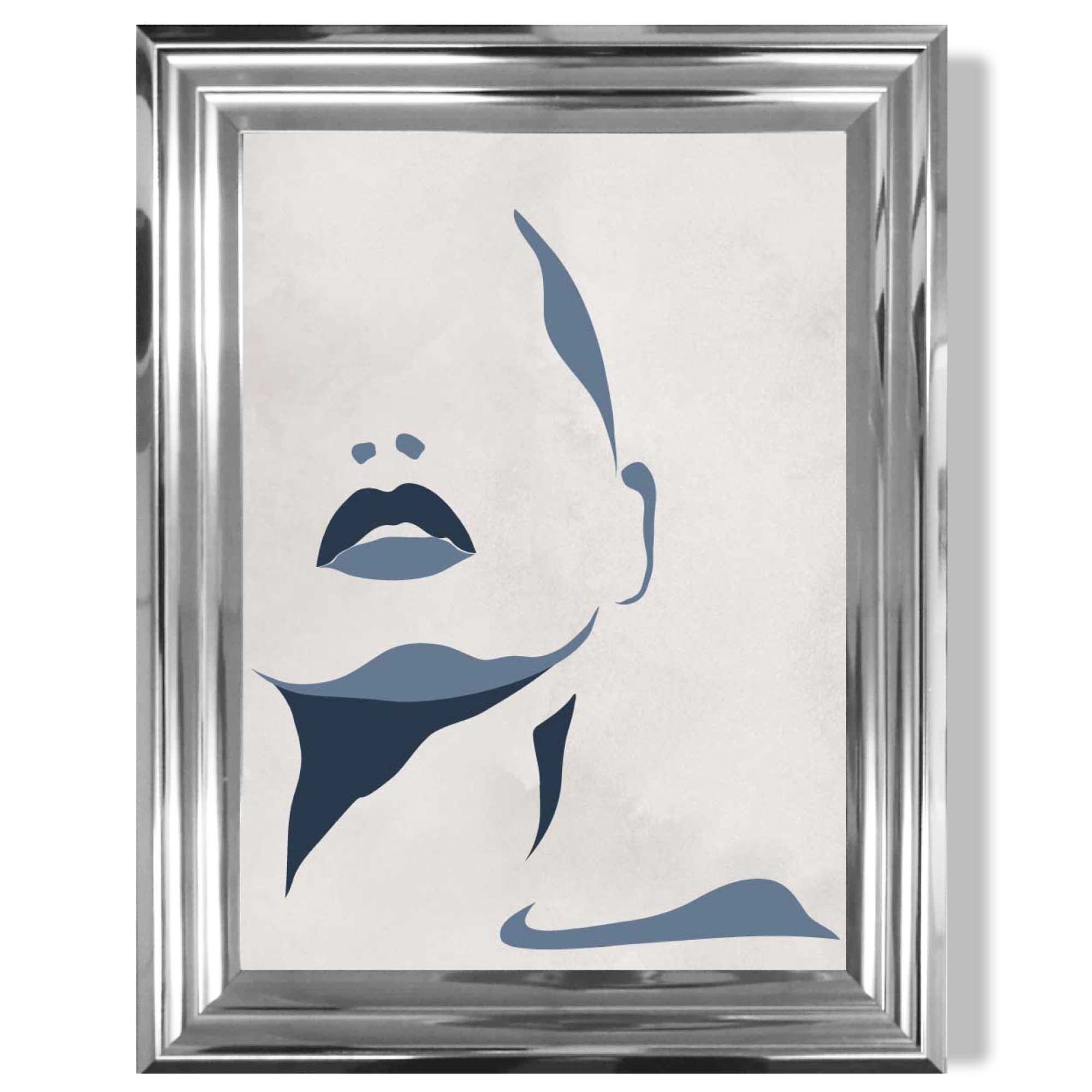 Blue and Beige Silhouette Face print in Chrome Glossy Frame