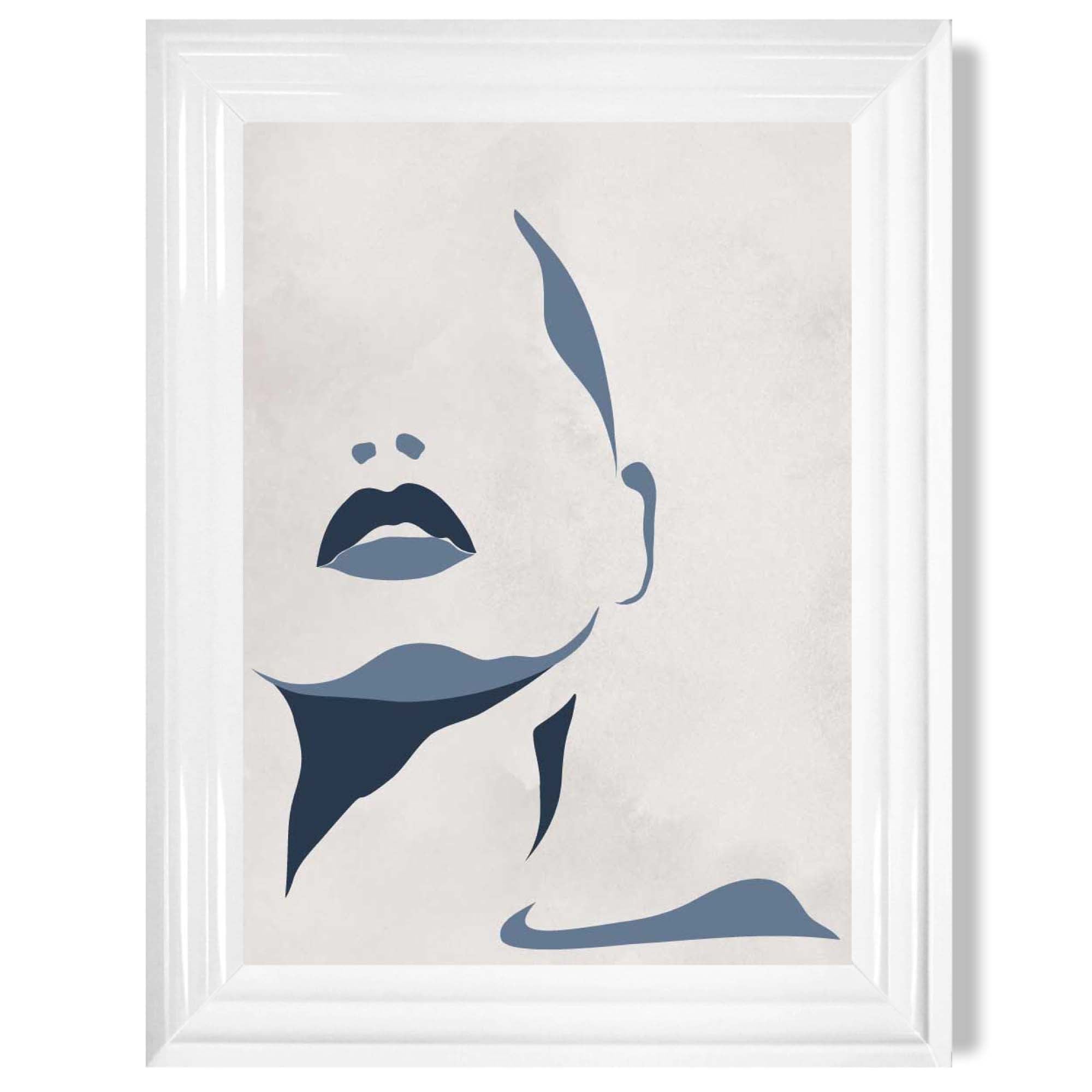 Blue and Beige Silhouette Face print in White Glossy Frame