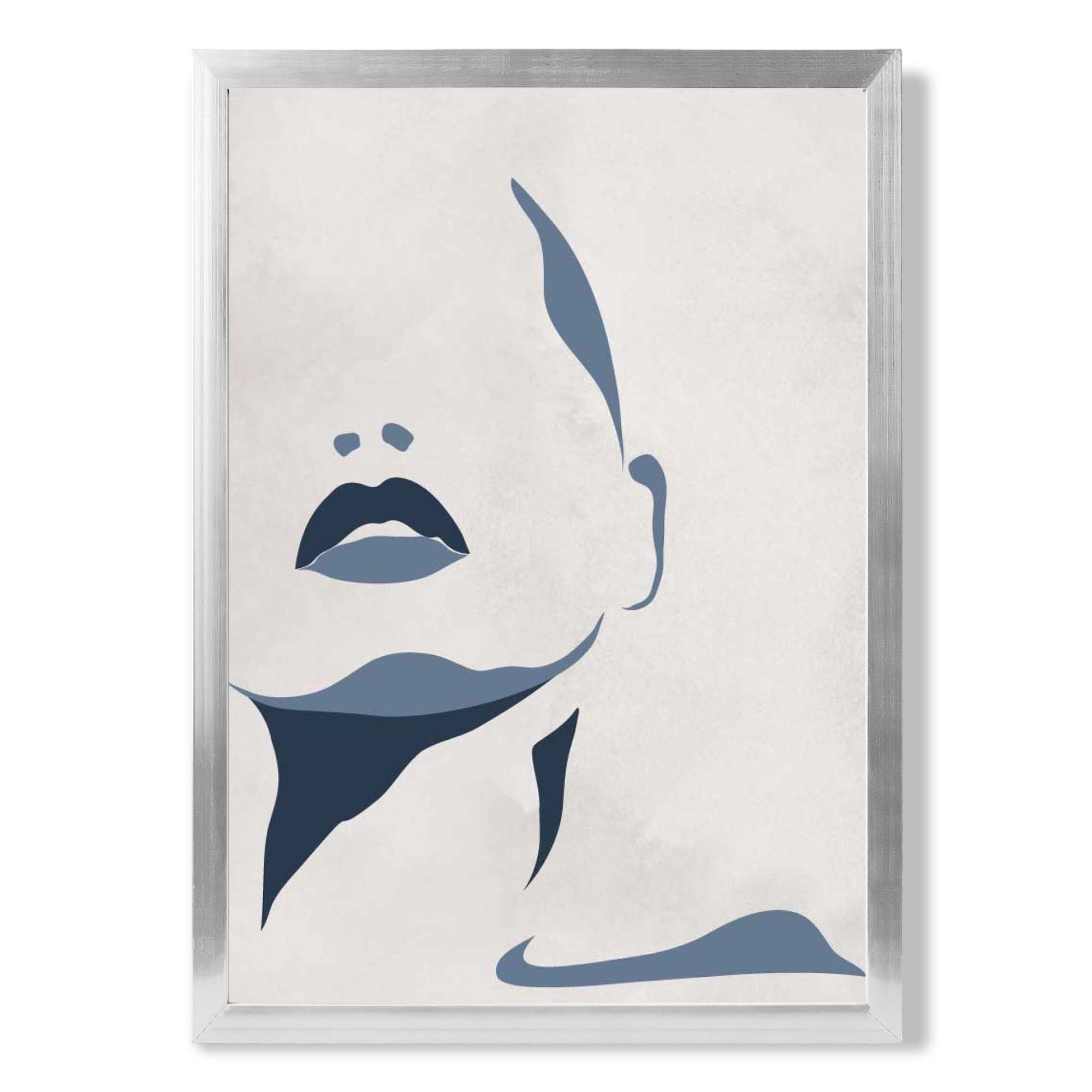 Blue and Beige Silhouette Face print in Silver Wooden Frame
