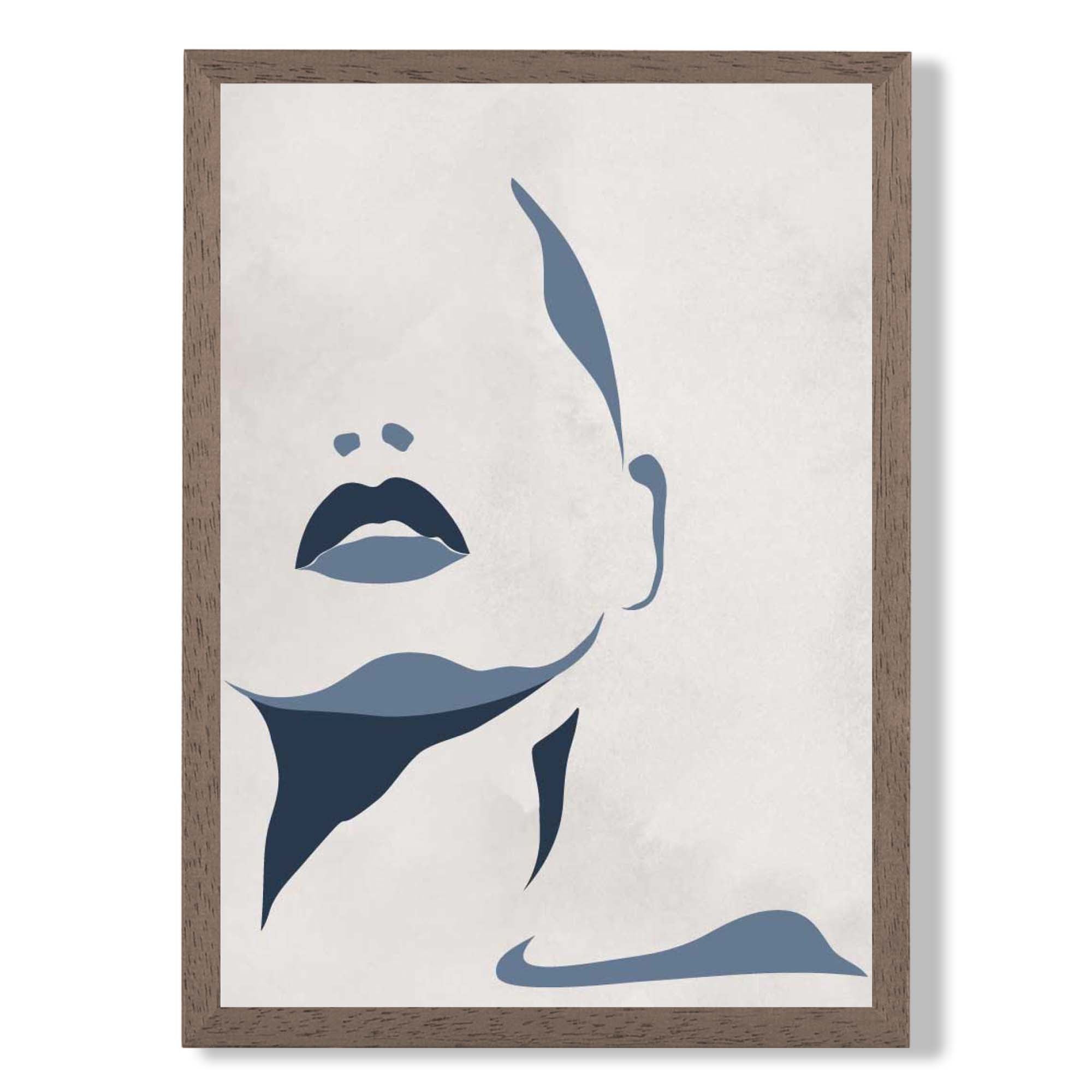 Blue and Beige Silhouette Face print in Walnut Wooden Frame