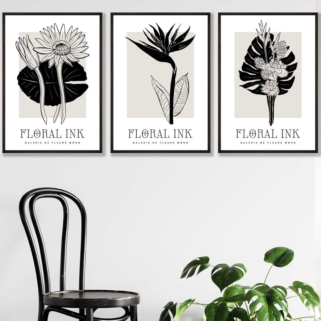 Set of 3 Floral Sketch Ink Tropical Leaves in Black Wall Art Prints