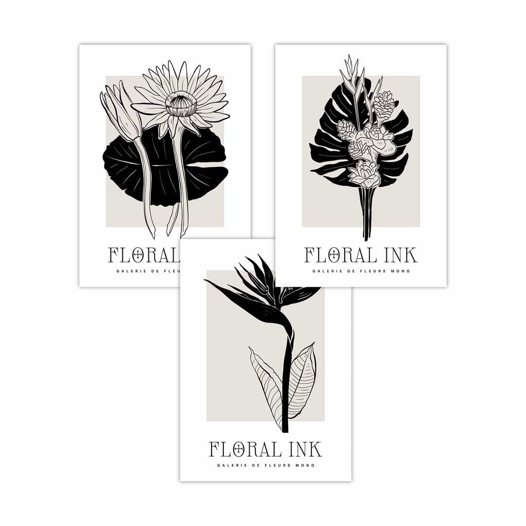 Set of 3 Floral Sketch Ink Tropical Leaves in Black Wall Art Prints