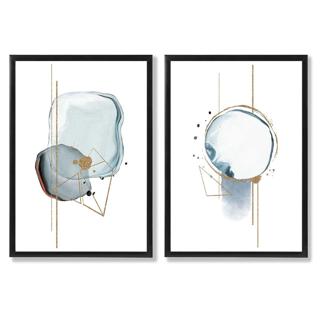 Aqua Blue Abstract Shapes Set of 2 Art Prints with Black Frame