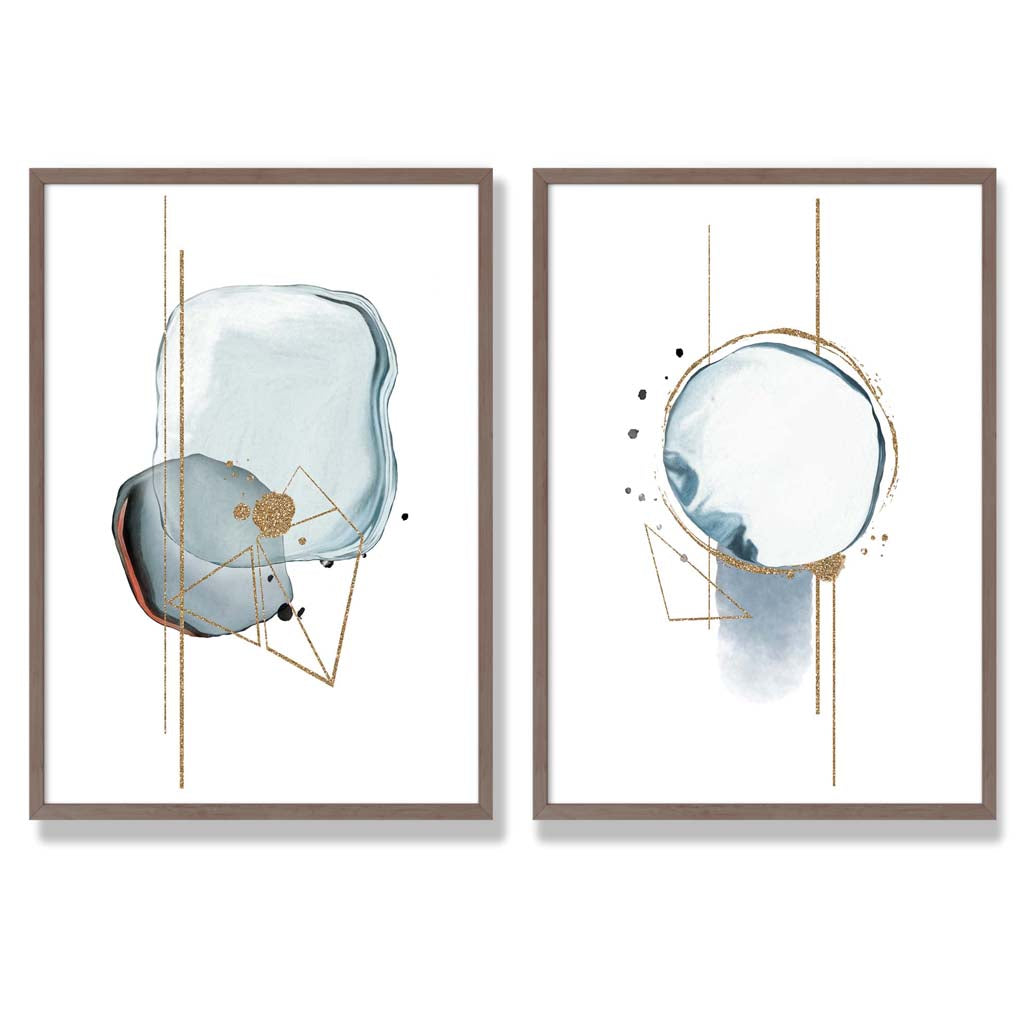 Aqua Blue Abstract Shapes Set of 2 Art Prints with Walnut Frame