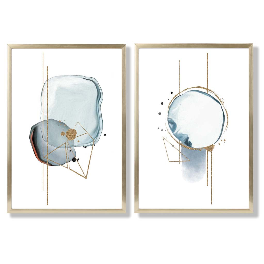 Aqua Blue Abstract Shapes Set of 2 Art Prints with Gold Frame