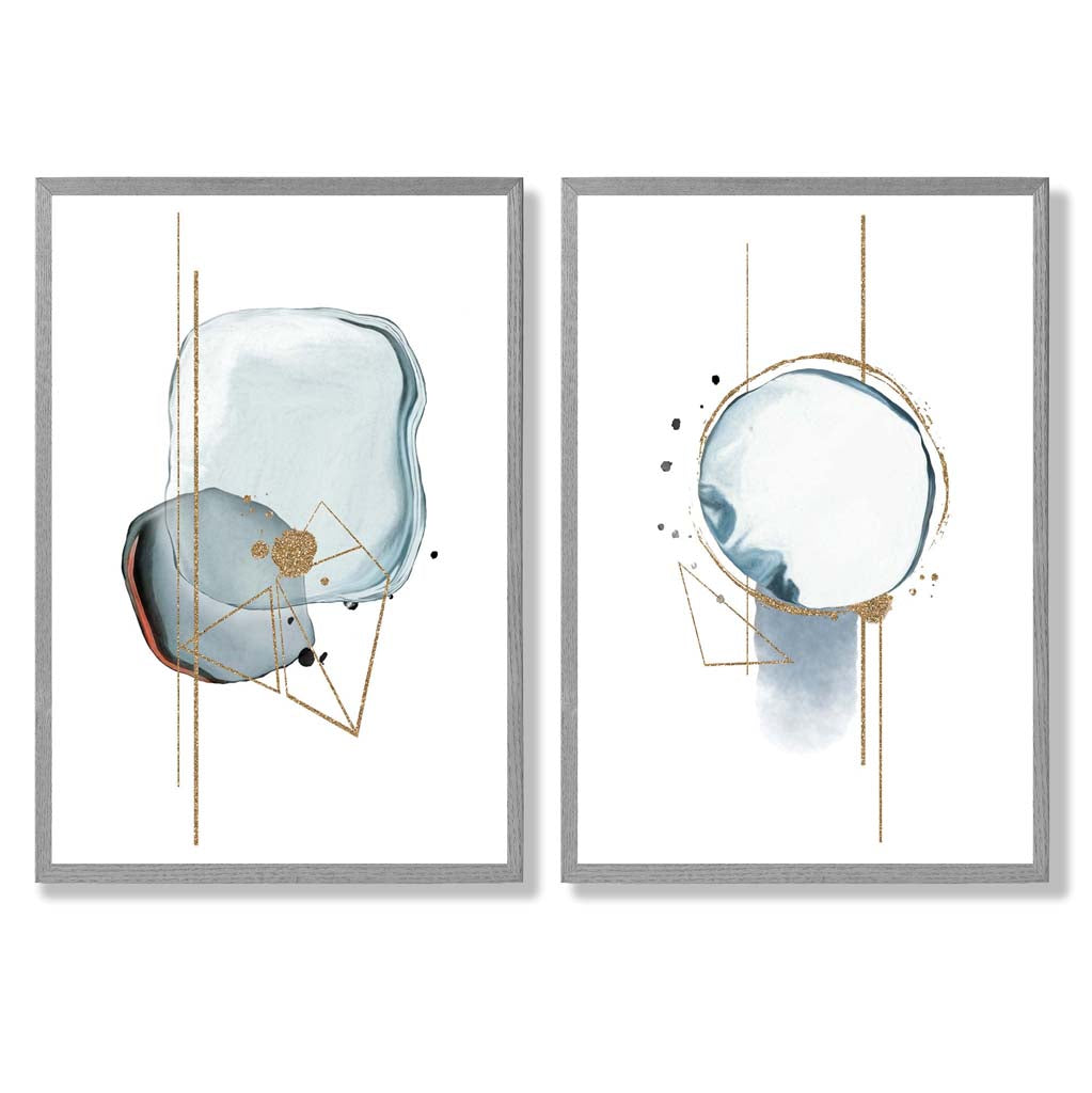 Aqua Blue Abstract Shapes Set of 2 Art Prints with Light Grey Frame