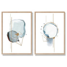Aqua Blue Abstract Shapes Set of 2 Art Prints with Oak Frame