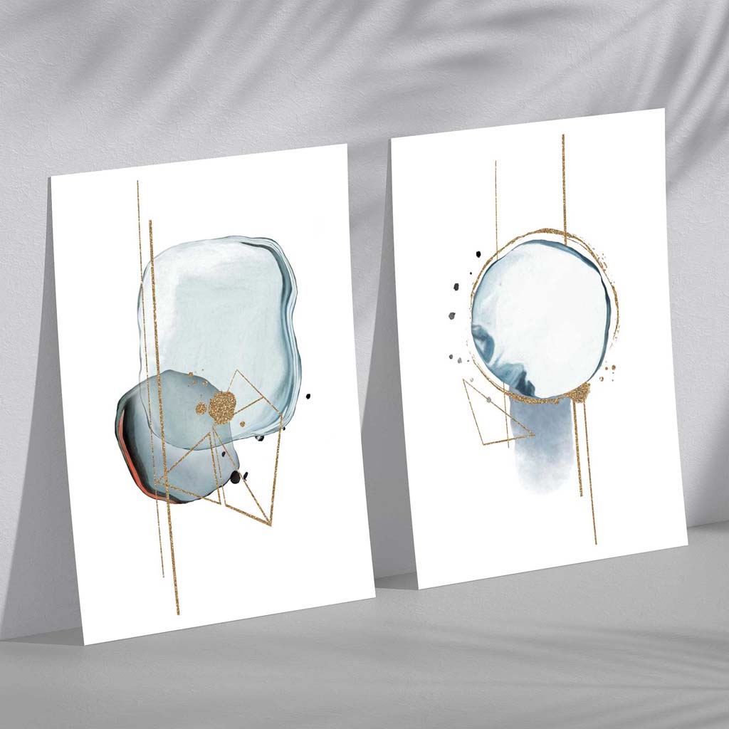 Aqua Blue Abstract Shapes Framed Set of 2 Art Prints