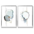 Aqua Blue Abstract Shapes Set of 2 Art Prints with Silver Frame