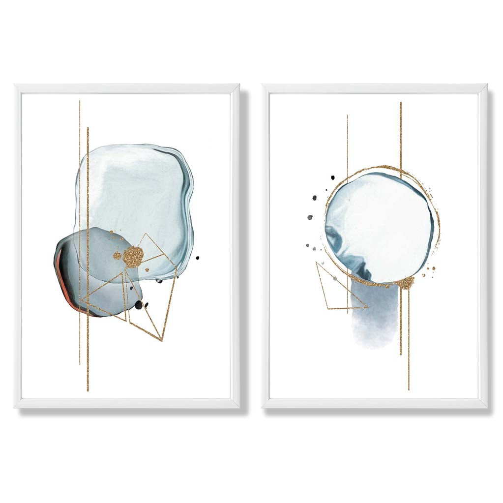 Aqua Blue Abstract Shapes Set of 2 Art Prints with White Frame