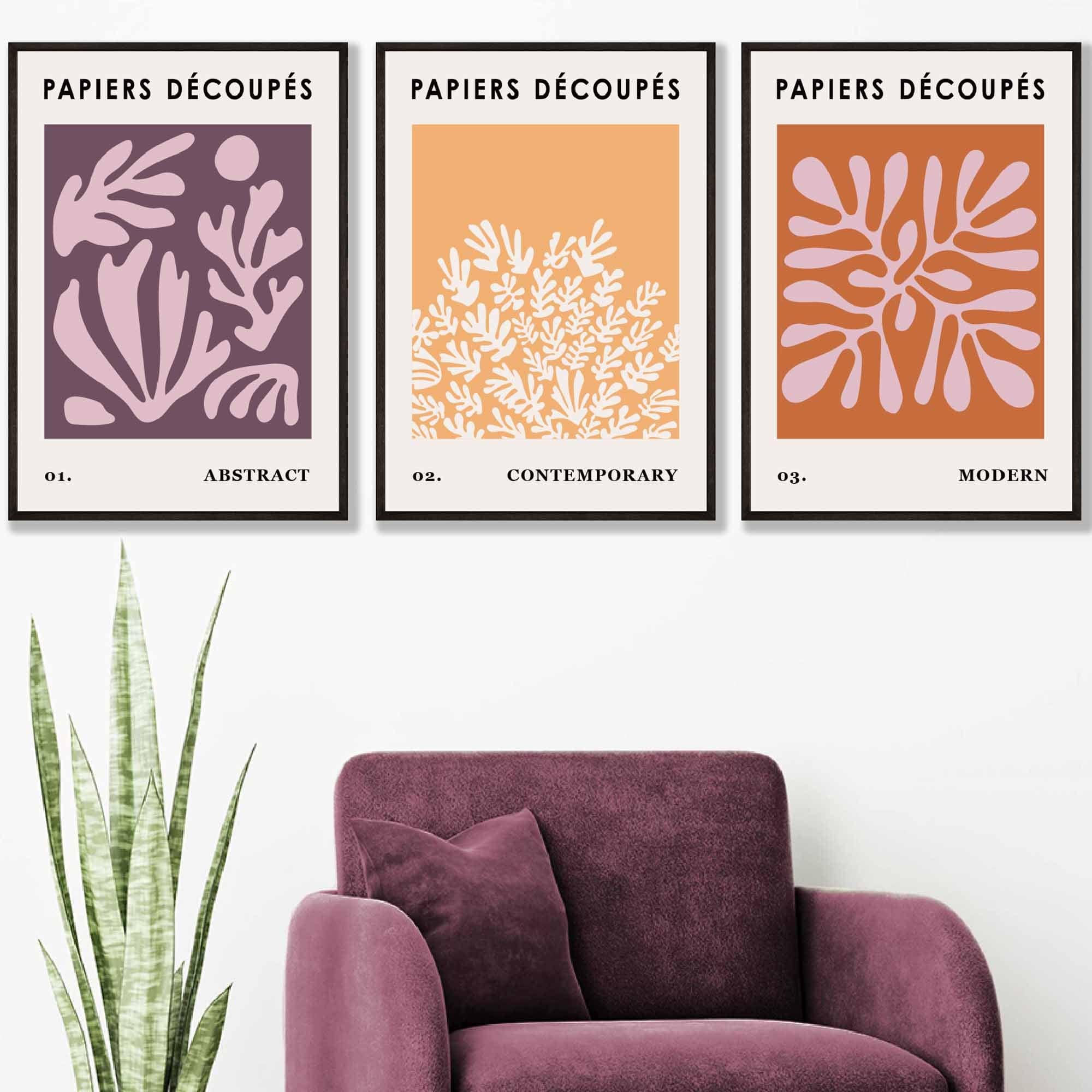 Matisse Floral Set of 3 Wall Art Prints in Purple, Orange and Yellow