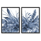Blue Tropical Leaves Watercolour Set of 2 Art Prints with Black Frame