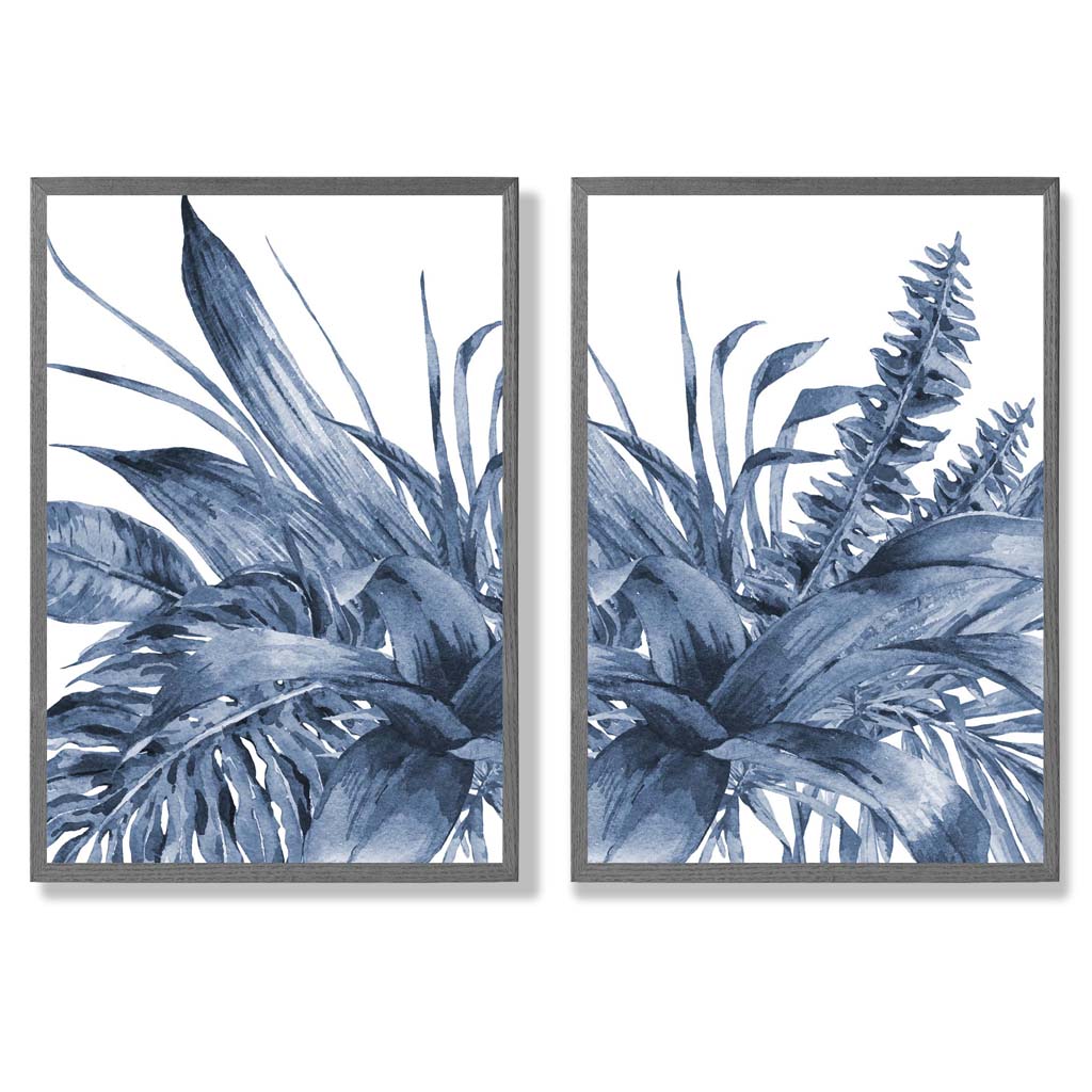 Blue Tropical Leaves Watercolour Set of 2 Art Prints with Dark Grey Frame