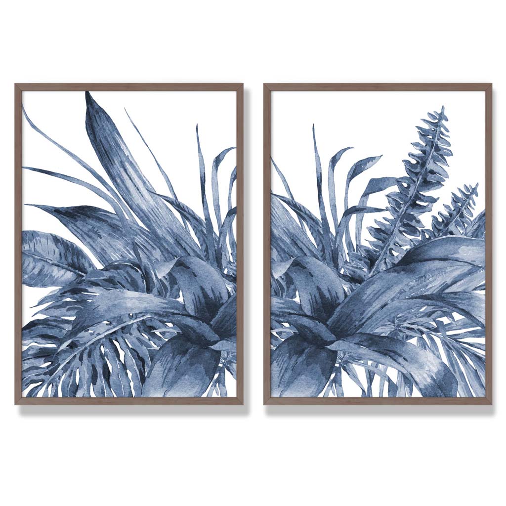Blue Tropical Leaves Watercolour Set of 2 Art Prints with Walnut Frame