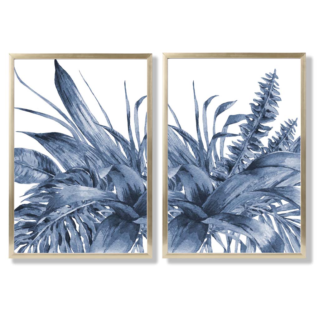 Blue Tropical Leaves Watercolour Set of 2 Art Prints with Gold Frame