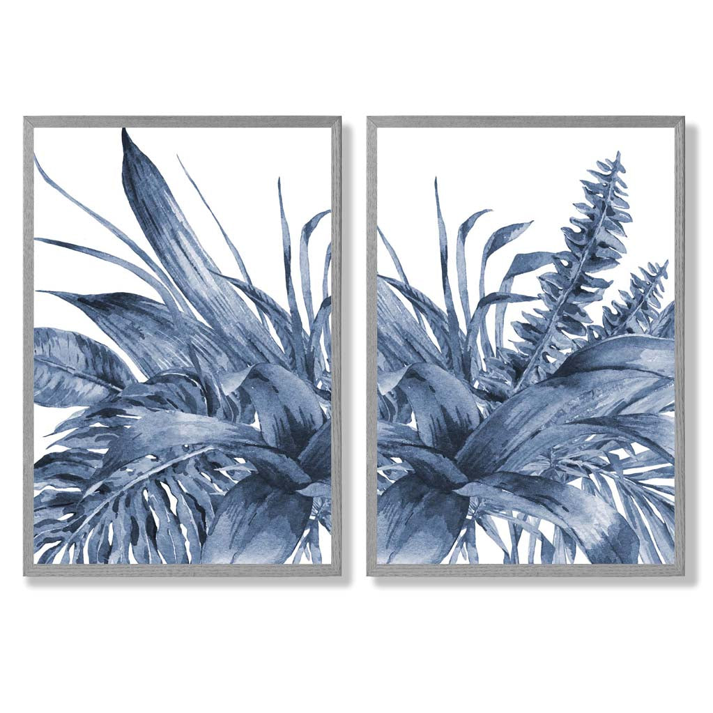 Blue Tropical Leaves Watercolour Set of 2 Art Prints with Light Grey Frame