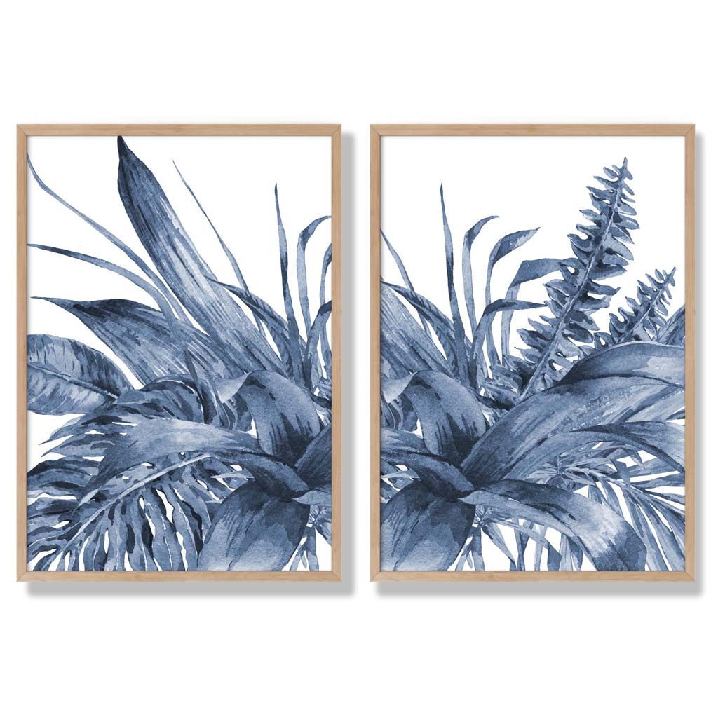 Blue Tropical Leaves Watercolour Set of 2 Art Prints with Oak Frame