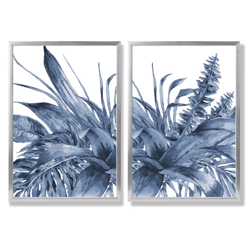 Blue Tropical Leaves Watercolour Set of 2 Art Prints with Silver Frame