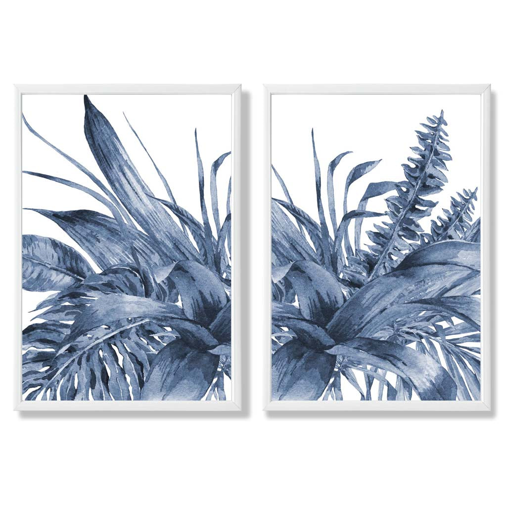 Blue Tropical Leaves Watercolour Set of 2 Art Prints with White Frame
