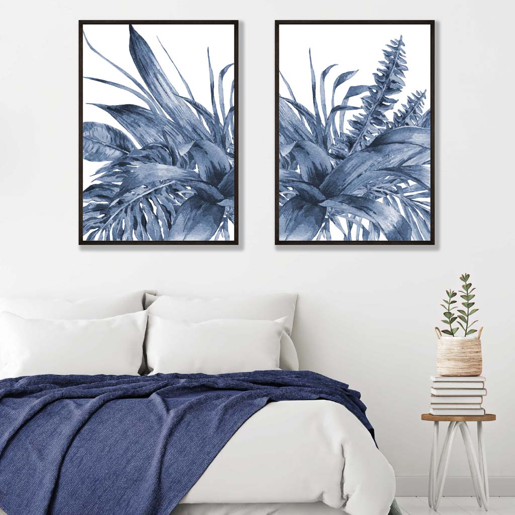 Blue Tropical Leaves Watercolour Posters | Artze Wall Art UK