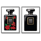 Fashion Perfume Bottles with Red Roses Set of 2 Art Prints with Dark Grey Frame