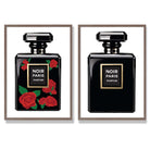 Fashion Perfume Bottles with Red Roses Set of 2 Art Prints with Walnut Frame