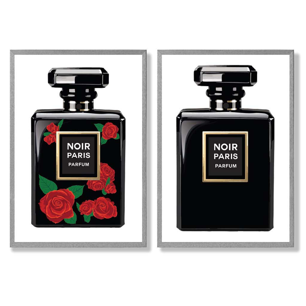 Fashion Perfume Bottles with Red Roses Set of 2 Art Prints with Light Grey Frame