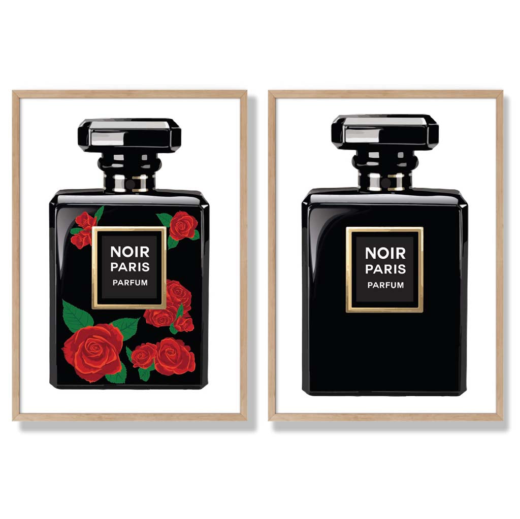 Fashion Perfume Bottles with Red Roses Set of 2 Art Prints with Oak Frame