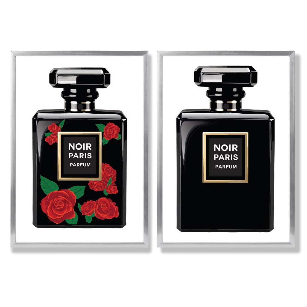 Fashion Perfume Bottles with Red Roses Set of 2 Art Prints with Silver Frame