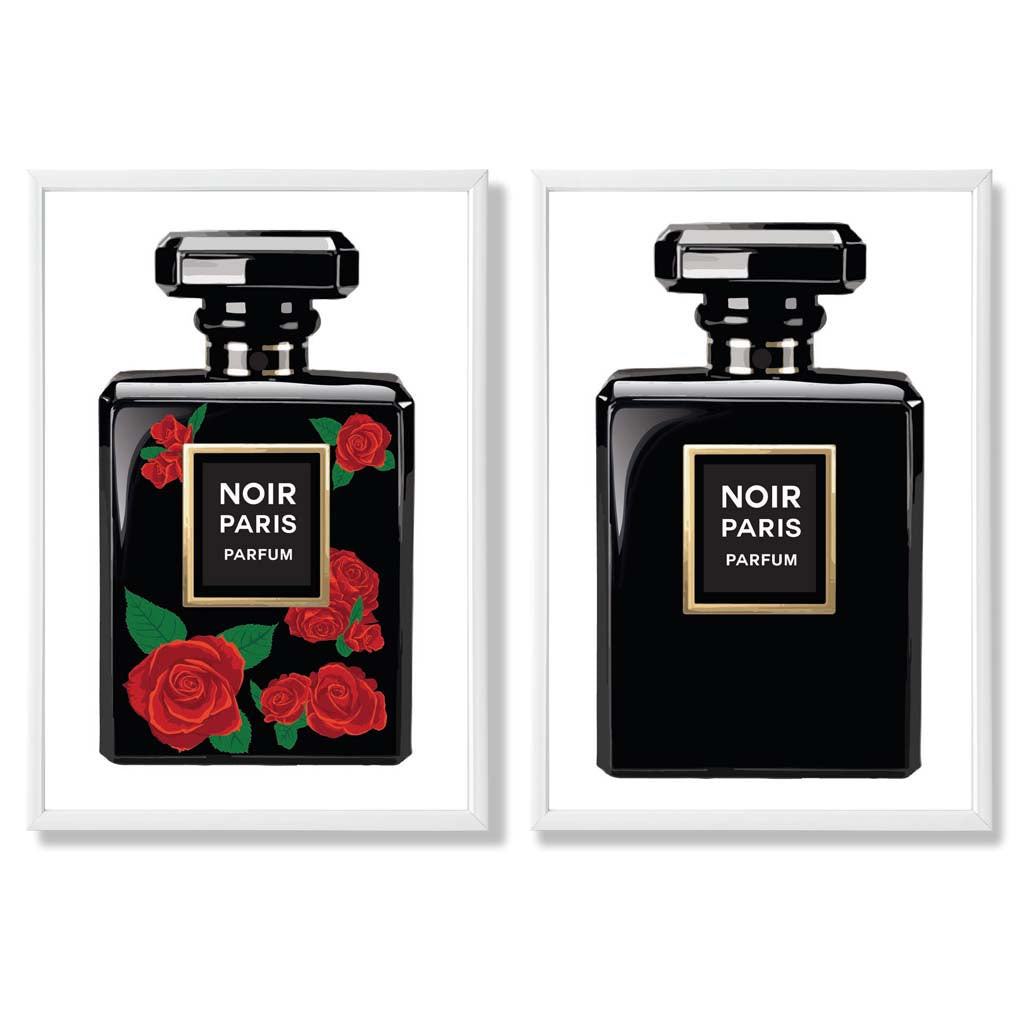 Fashion Perfume Bottles with Red Roses Set of 2 Art Prints with White Frame