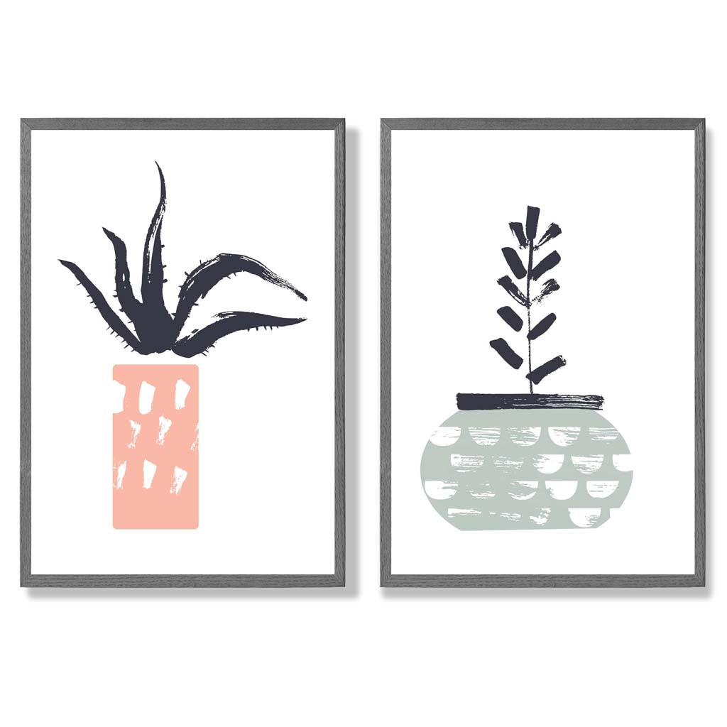 Sage Green, Pink Boho Botanical Sketch Set of 2 Art Prints with Dark Grey Frame
