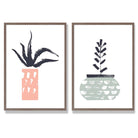 Sage Green, Pink Boho Botanical Sketch Set of 2 Art Prints with Walnut Frame