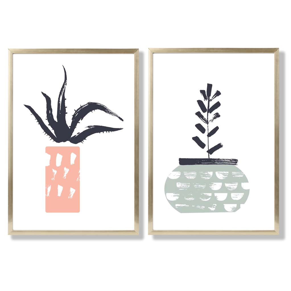 Sage Green, Pink Boho Botanical Sketch Set of 2 Art Prints with Gold Frame