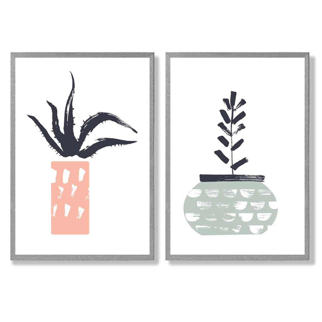 Sage Green, Pink Boho Botanical Sketch Set of 2 Art Prints with Light Grey Frame