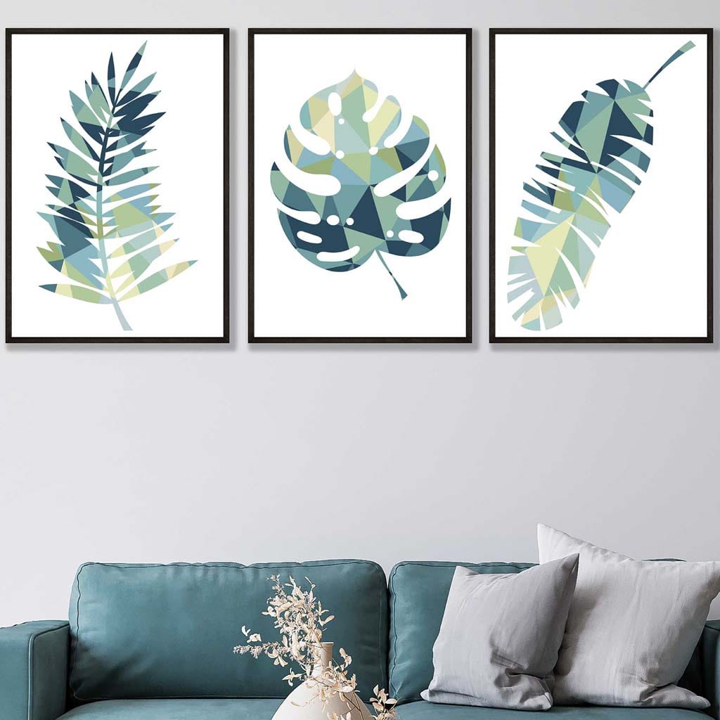 Set of 3 Tropical Teal Green LEAF Art Prints