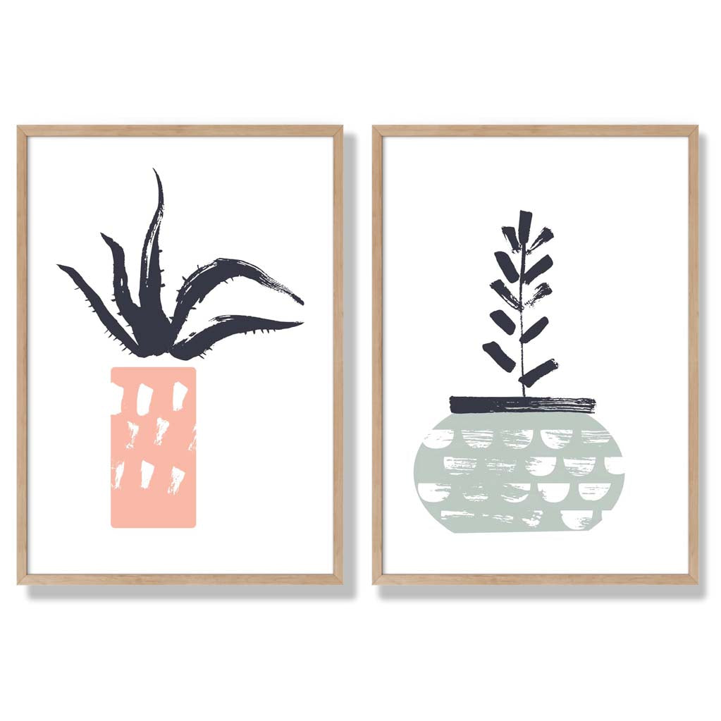 Sage Green, Pink Boho Botanical Sketch Set of 2 Art Prints with Oak Frame