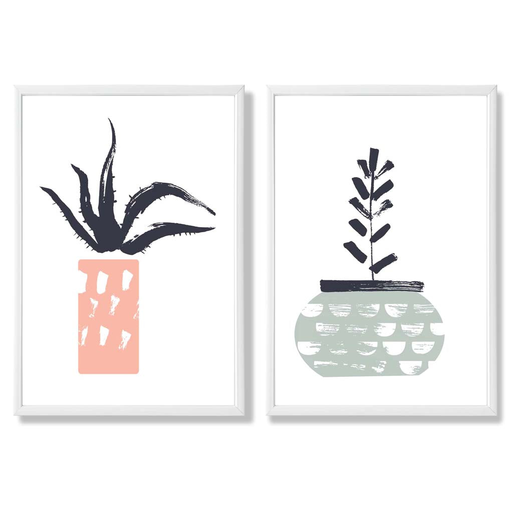 Sage Green, Pink Boho Botanical Sketch Set of 2 Art Prints with White Frame