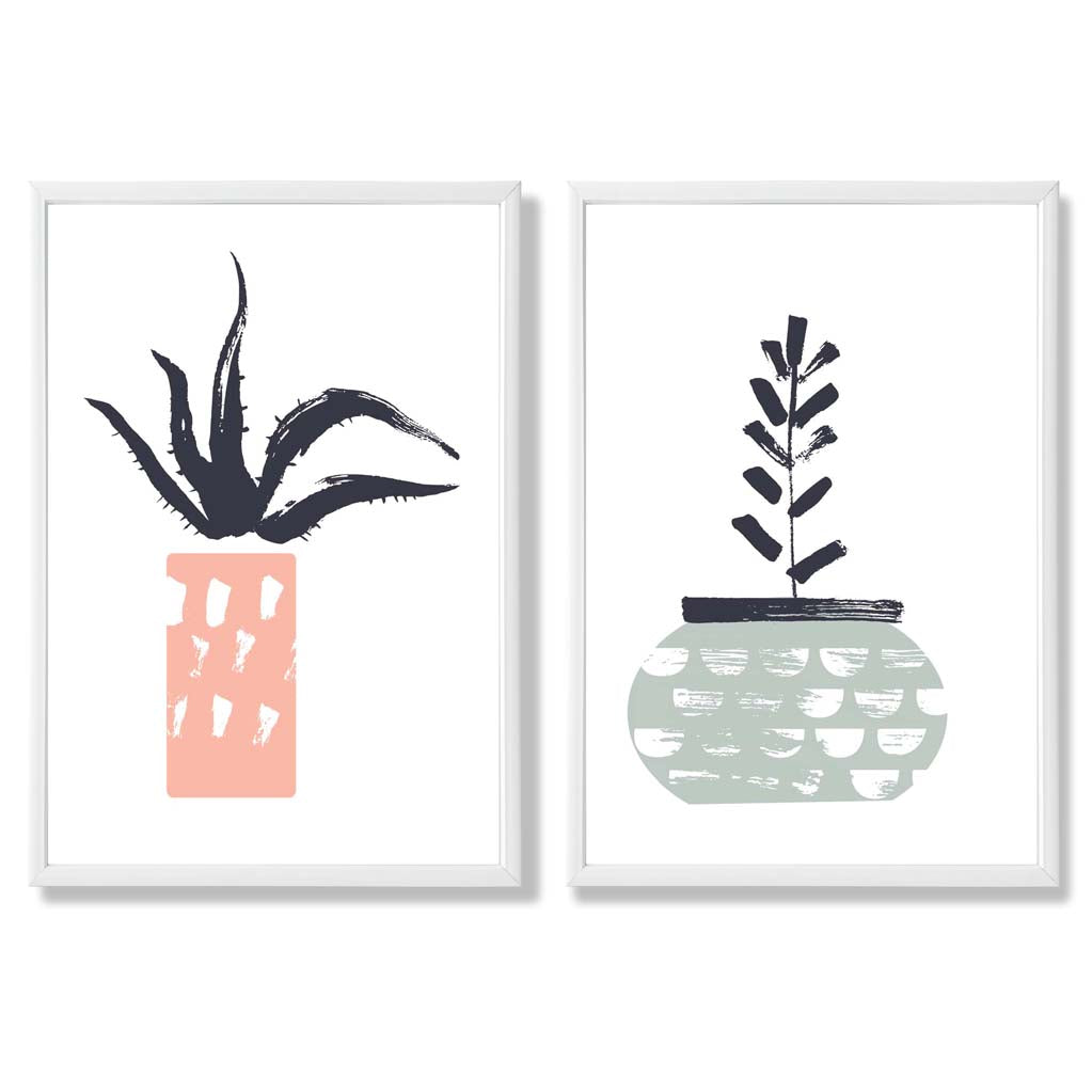 Sage Green, Pink Boho Botanical Sketch Set of 2 Art Prints with White Frame