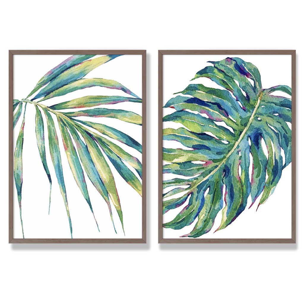 Green Monstera Papyrus Watercolour Set of 2 Art Prints with Walnut Frame
