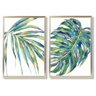 Green Monstera Papyrus Watercolour Set of 2 Art Prints with Gold Frame